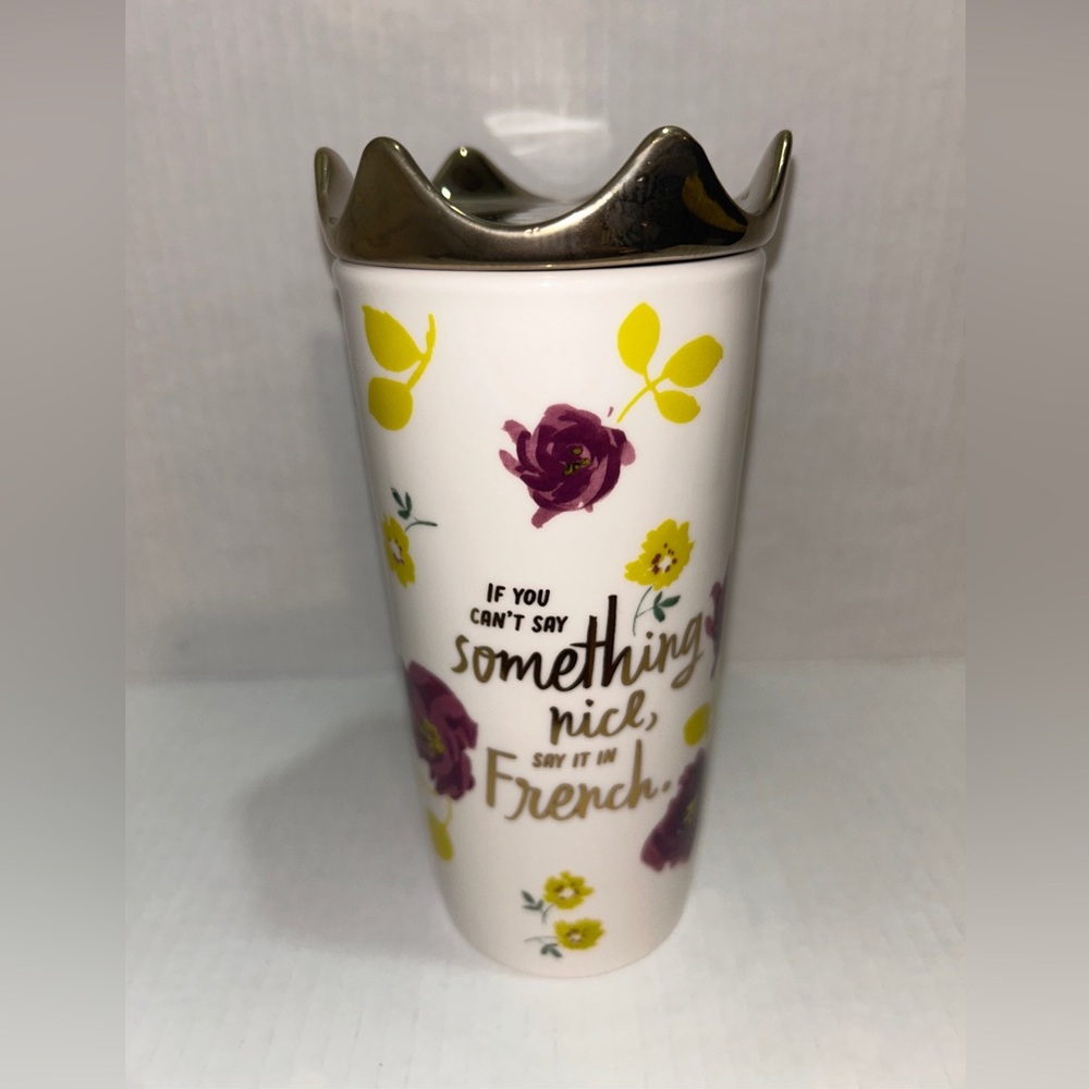Hallmark Ceramic Coffee Mug Cup w/Crown Lid 16 Oz Funny French Saying Travel Mug